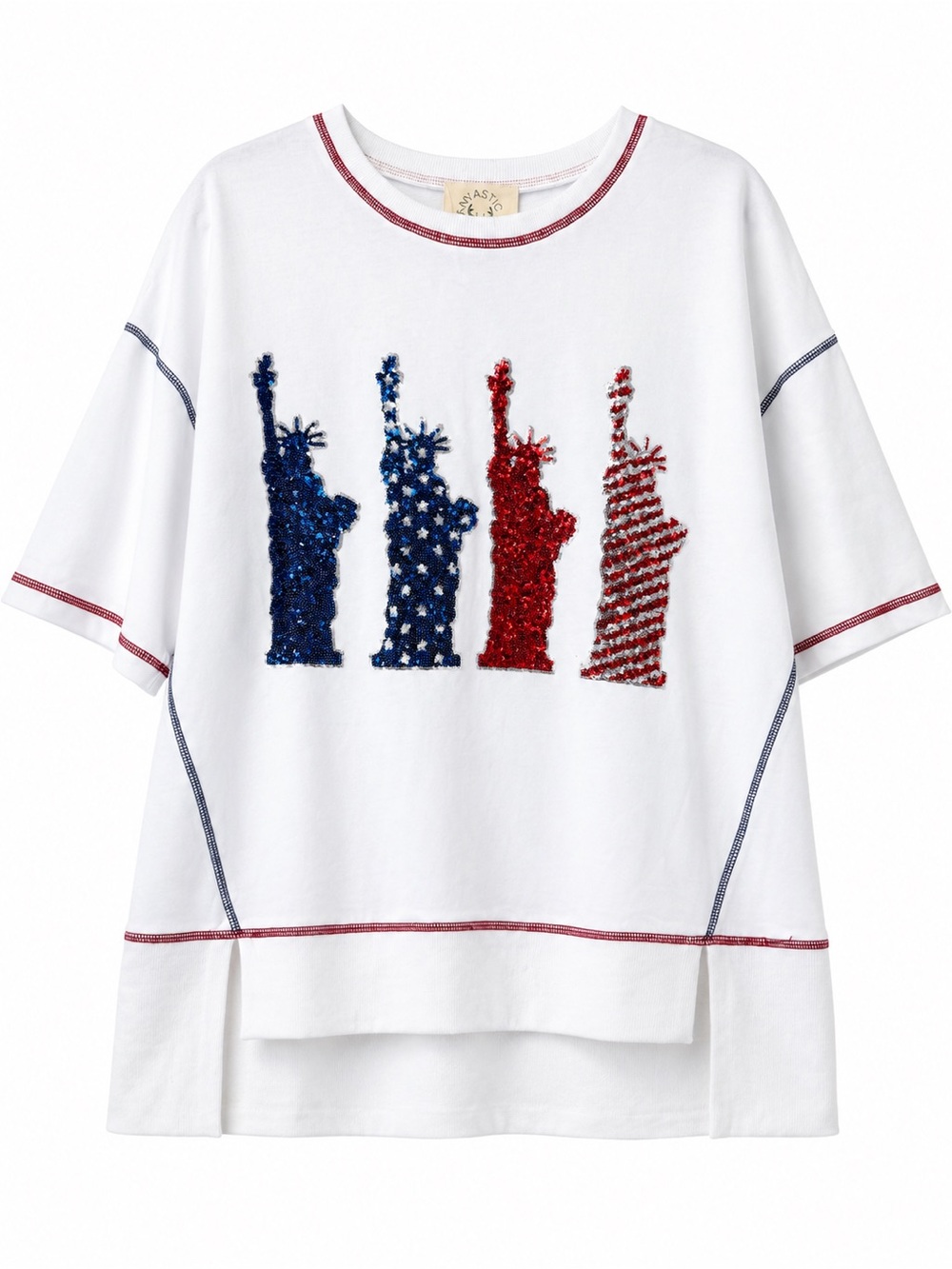 Fantastic Fawn White Tee with Red & Blue Sequin Statue Motifs